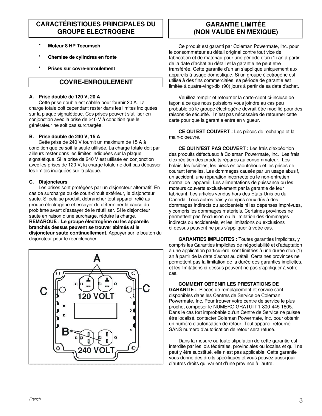 Powermate PM0524000.01 manual Caractéristiques Principales DU Groupe Electrogene, Covre-Enroulement 