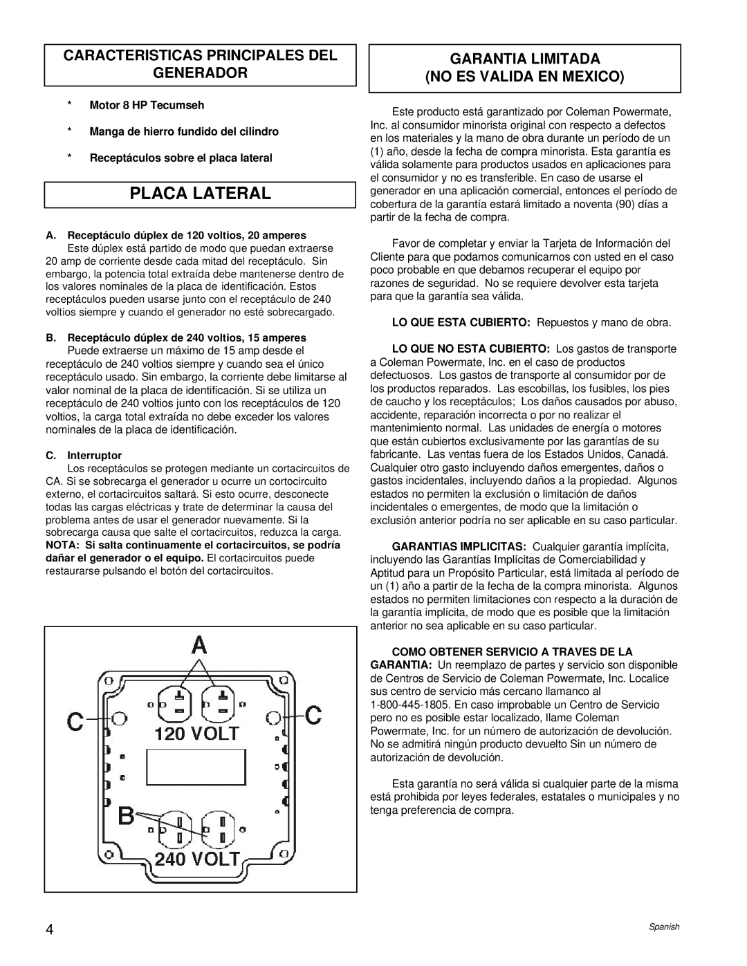 Powermate PM0524000.01 Placa Lateral, Caracteristicas Principales DEL Generador, Garantia Limitada No ES Valida EN Mexico 