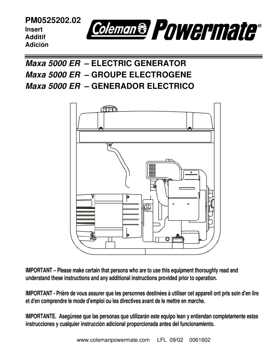 Powermate PM0525202.02 manual Maxa 5000 ER – ELECTRIC GENERATOR, Maxa 5000 ER – GROUPE ELECTROGENE, Insert Additif Adición 