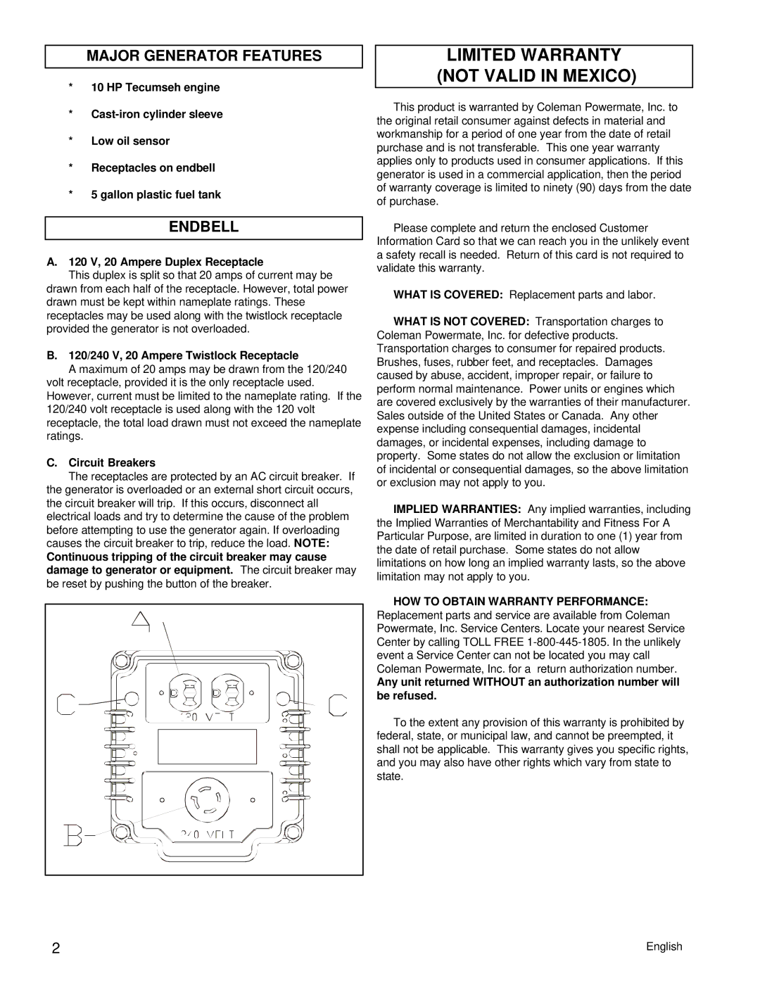 Powermate PM0525202.02 manual Limited Warranty not Valid in Mexico, Major Generator Features, Endbell 