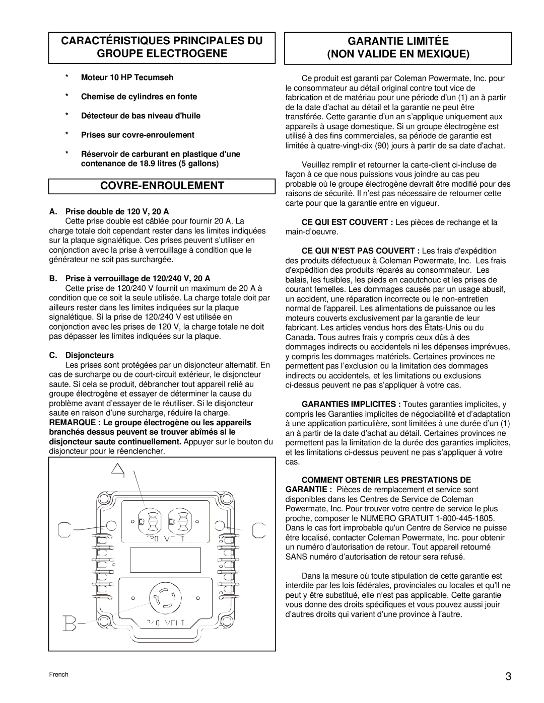 Powermate PM0525202.02 manual Caractéristiques Principales DU Groupe Electrogene, Covre-Enroulement 