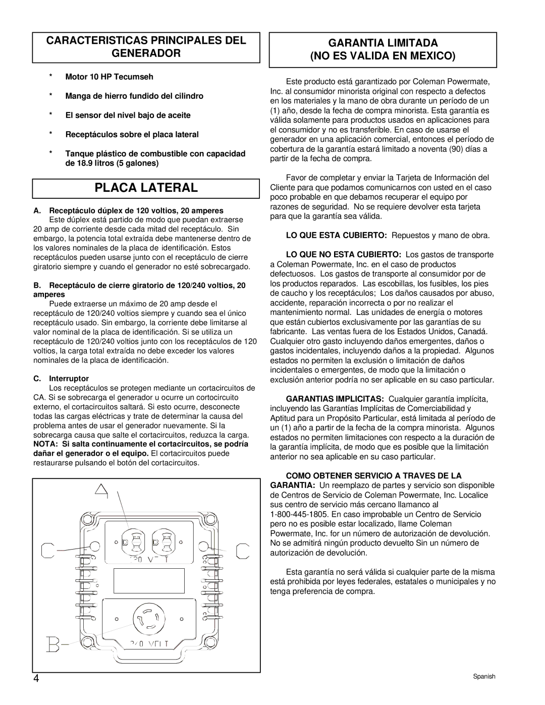 Powermate PM0525202.02 Placa Lateral, Caracteristicas Principales DEL Generador, Garantia Limitada No ES Valida EN Mexico 