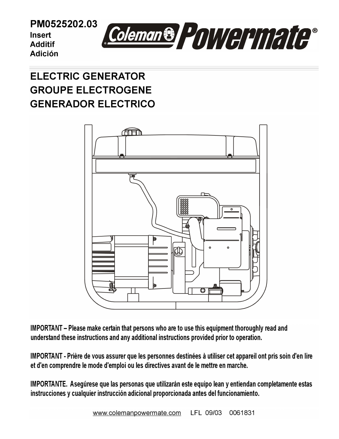 Powermate PM0525202.03 manual Electric Generator Groupe Electrogene, Generador Electrico, Insert Additif Adición 