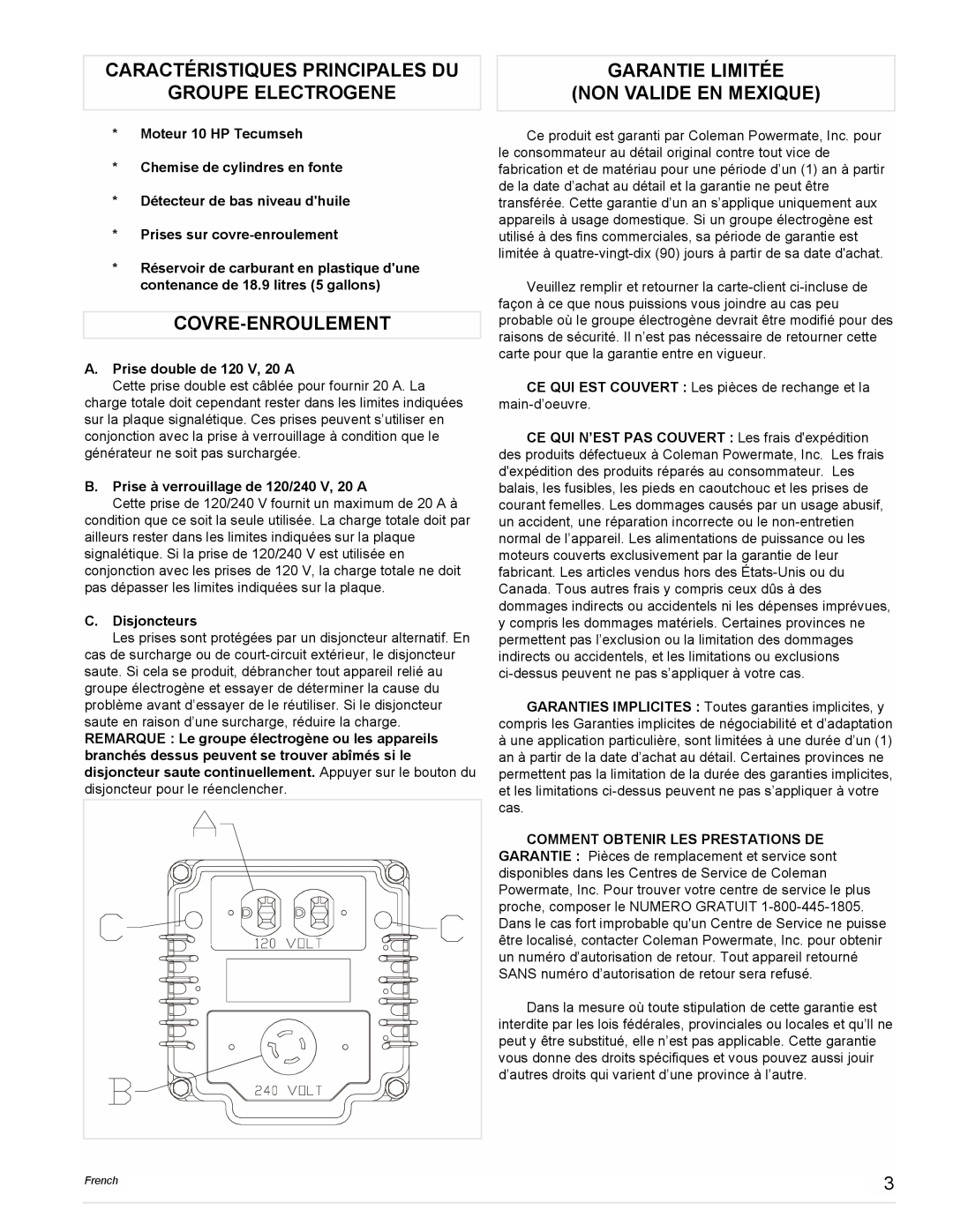 Powermate PM0525202.03 manual Caractéristiques Principales Du, Groupe Electrogene, Covre-Enroulement 