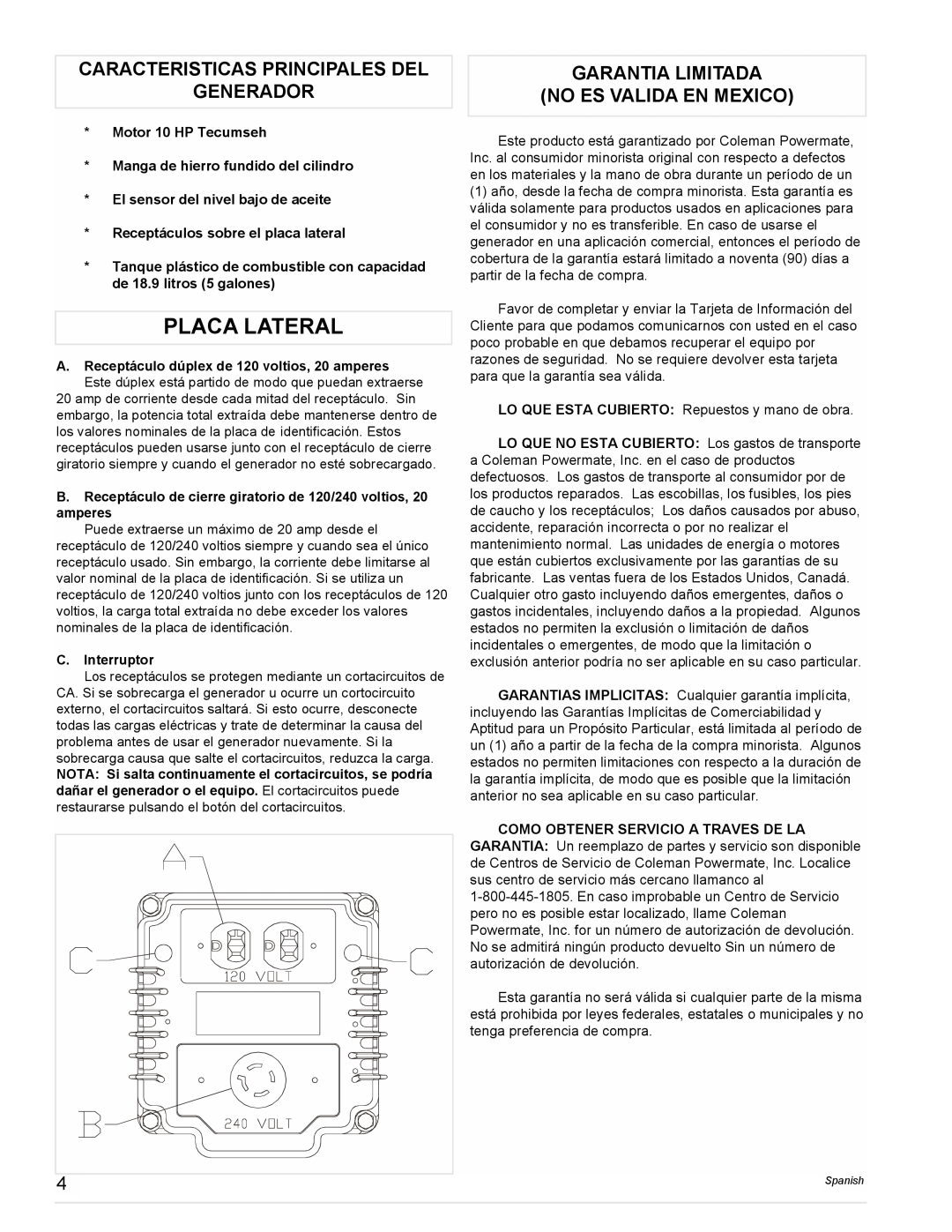 Powermate PM0525202.03 Placa Lateral, Caracteristicas Principales Del Generador, Garantia Limitada No Es Valida En Mexico 