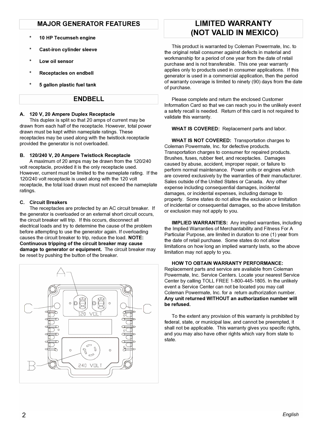 Powermate PM0525202.03 manual Limited Warranty not Valid in Mexico, Major Generator Features, Endbell 