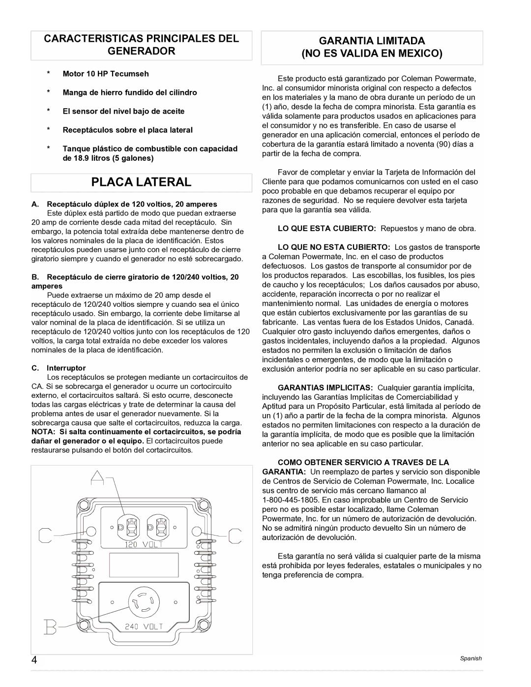 Powermate PM0525202.03 Placa Lateral, Caracteristicas Principales DEL Generador, Garantia Limitada No ES Valida EN Mexico 