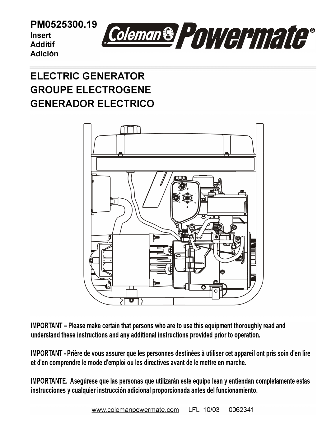 Powermate PM0525300.19 manual Electric Generator Groupe Electrogene, Generador Electrico, Insert Additif Adición 