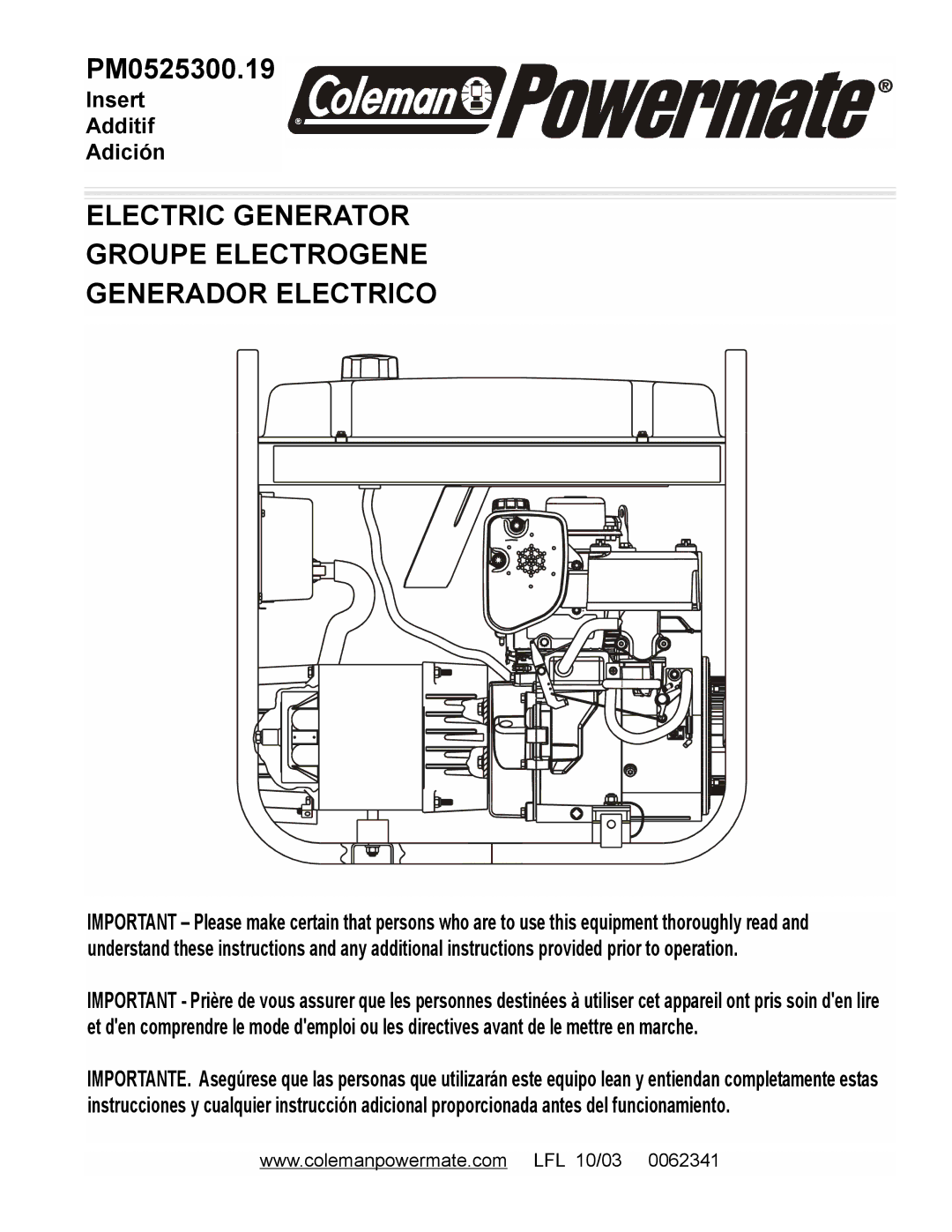 Powermate PM0525300.19 manual Electric Generator Groupe Electrogene Generador Electrico 