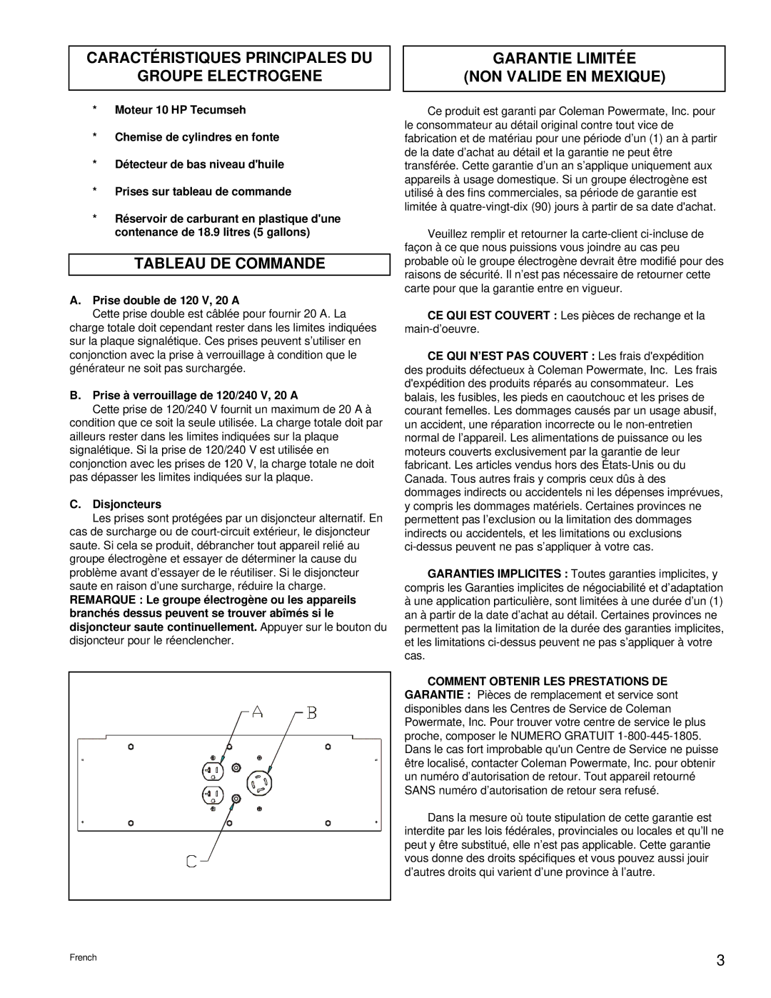 Powermate PM0525302.03 manual Caractéristiques Principales DU Groupe Electrogene, Tableau DE Commande 