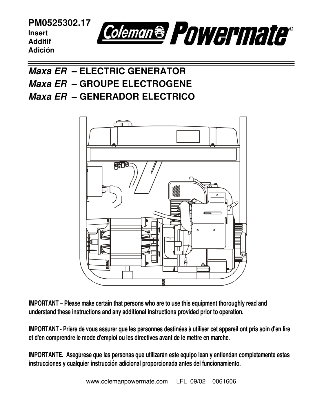 Powermate PM0525302.17 manual Maxa ER - ELECTRIC GENERATOR, Maxa ER - GROUPE ELECTROGENE, Maxa ER - GENERADOR ELECTRICO 