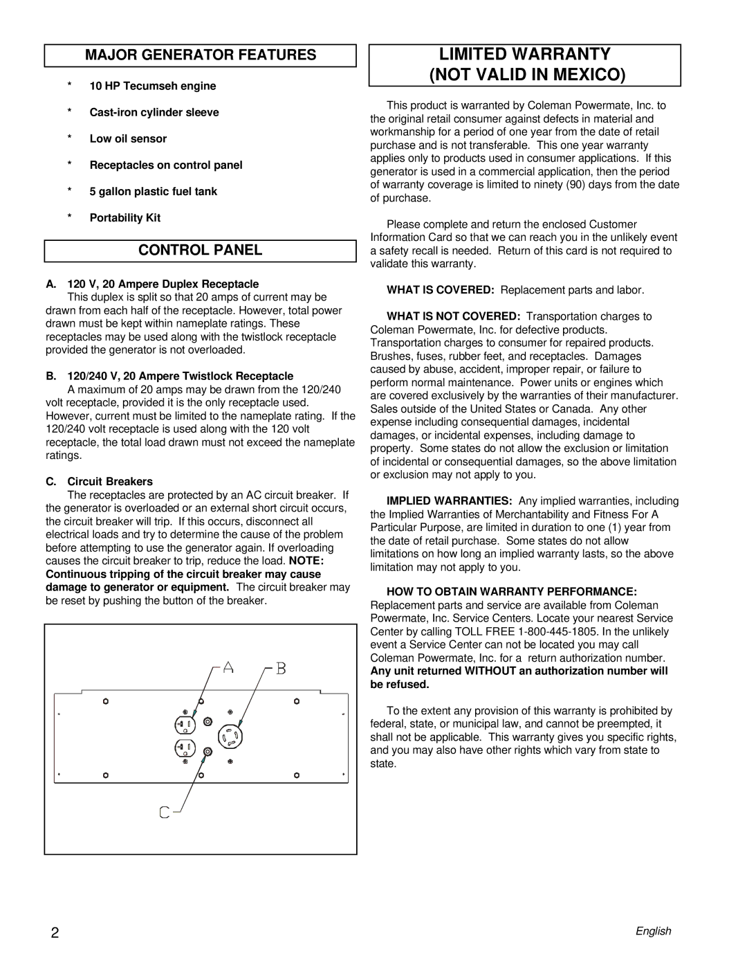 Powermate PM0525302.17 manual Limited Warranty not Valid in Mexico, Major Generator Features, Control Panel 