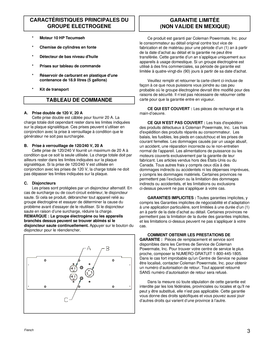 Powermate PM0525302.17 manual Caractéristiques Principales DU Groupe Electrogene, Tableau DE Commande 