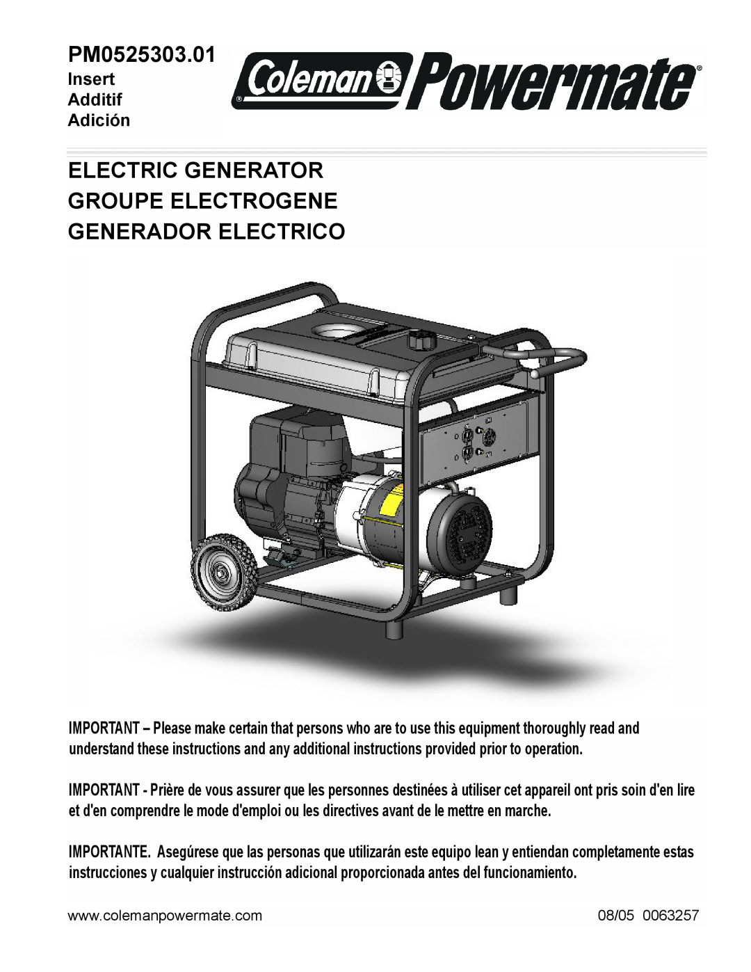 Powermate PM0525303.01 manual Electric Generator Groupe Electrogene, Generador Electrico, Insert Additif Adición, 08/05 