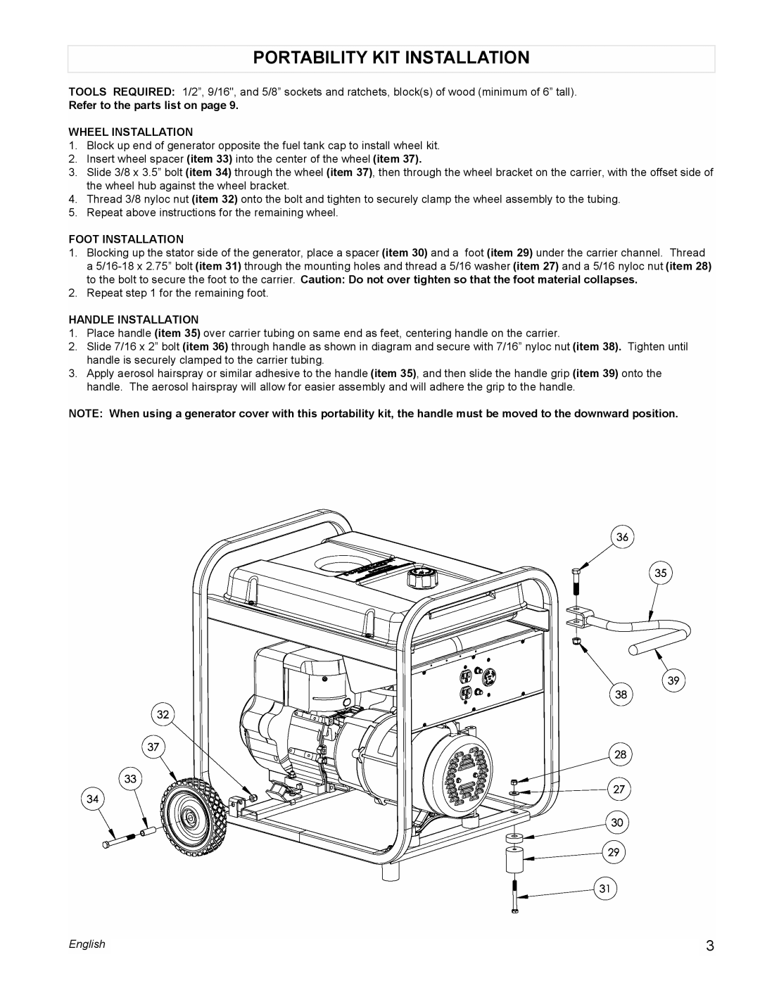 Powermate PM0525303.01 manual Portability Kit Installation, Refer to the parts list on page, Wheel Installation, English 