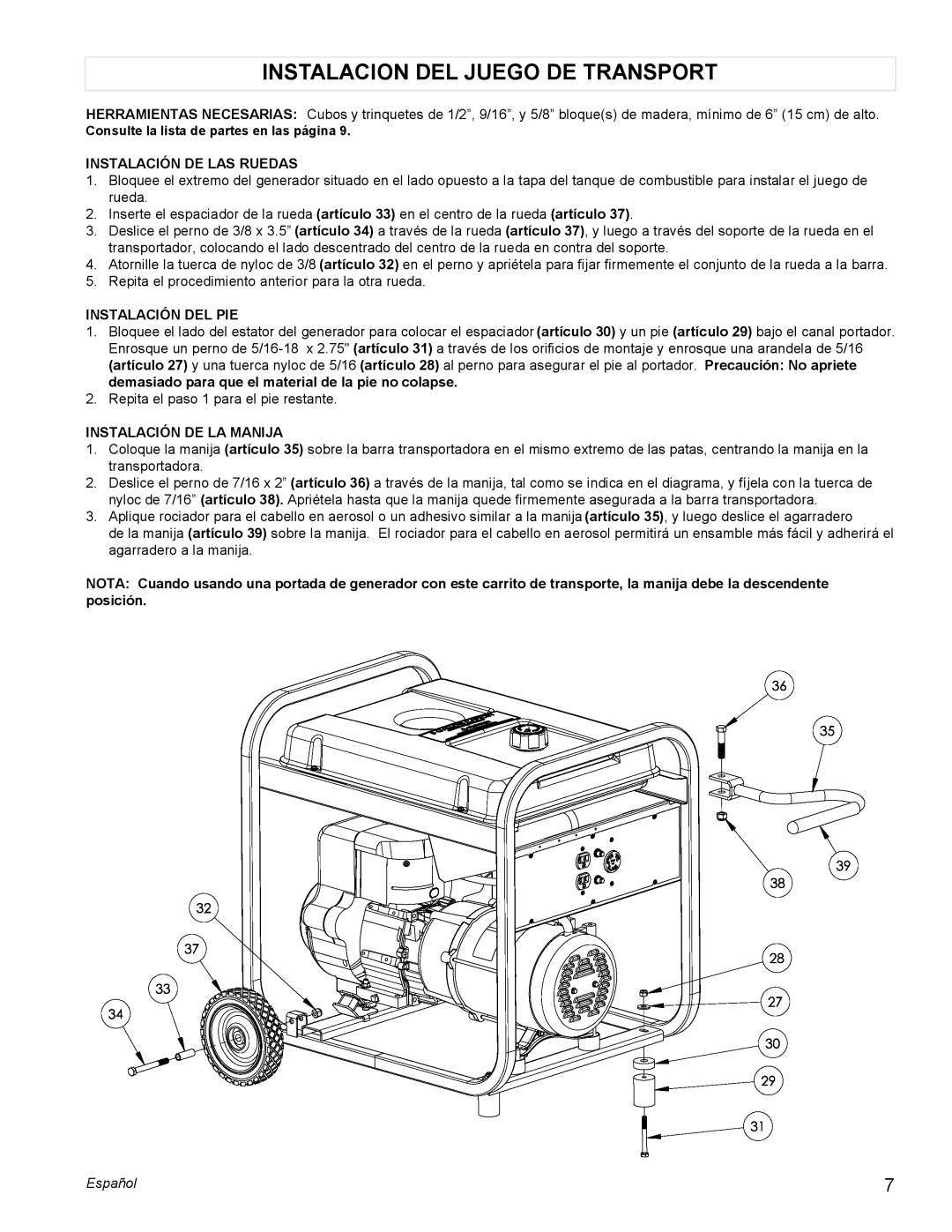 Powermate PM0525303.01 manual Instalacion Del Juego De Transport, Instalación De Las Ruedas, Instalación Del Pie, Español 