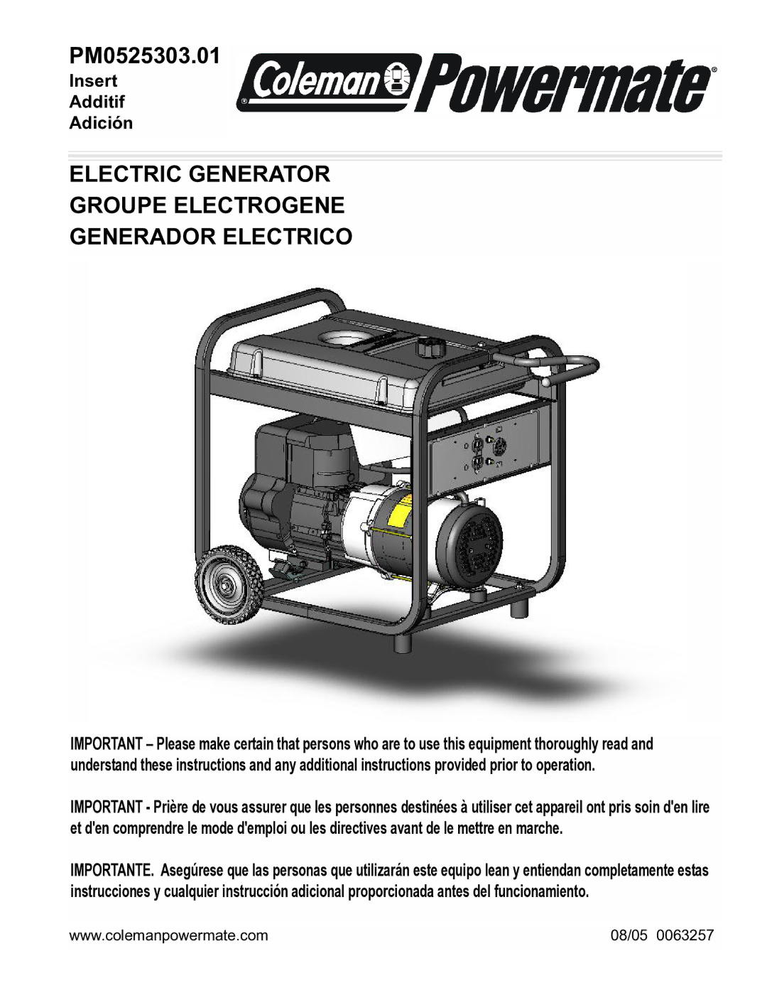 Powermate PM0525303.01 manual Electric Generator Groupe Electrogene Generador Electrico 