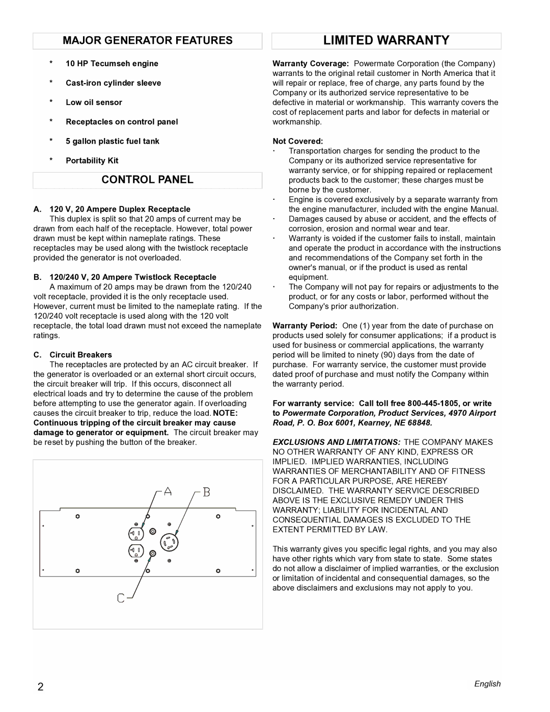 Powermate PM0525303.01 manual Limited Warranty, Major Generator Features, Control Panel 