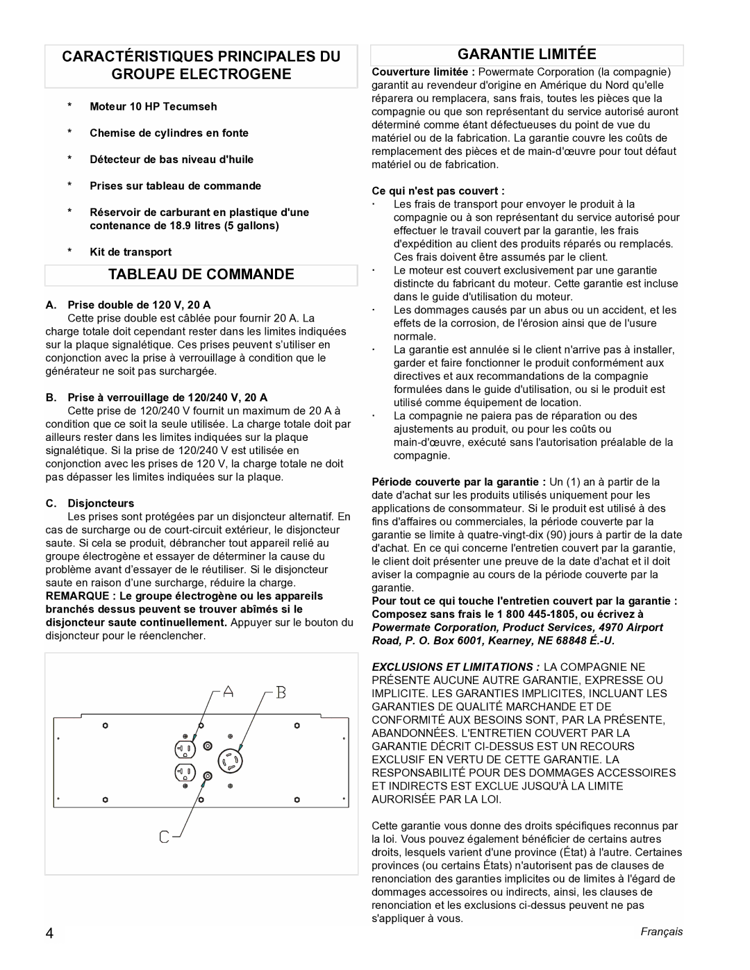 Powermate PM0525303.01 manual Caractéristiques Principales DU Groupe Electrogene, Tableau DE Commande, Garantie Limitée 