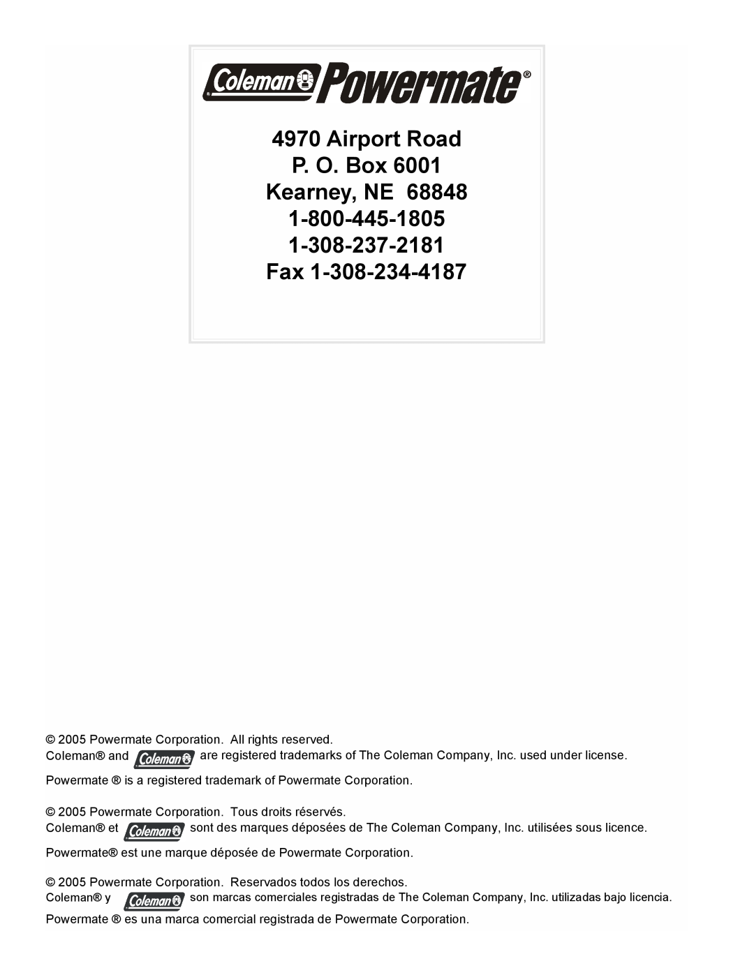Powermate PM0525303.02 manual Airport Road P. O. Box Kearney, NE, 1-800-445-1805 1-308-237-2181 Fax 