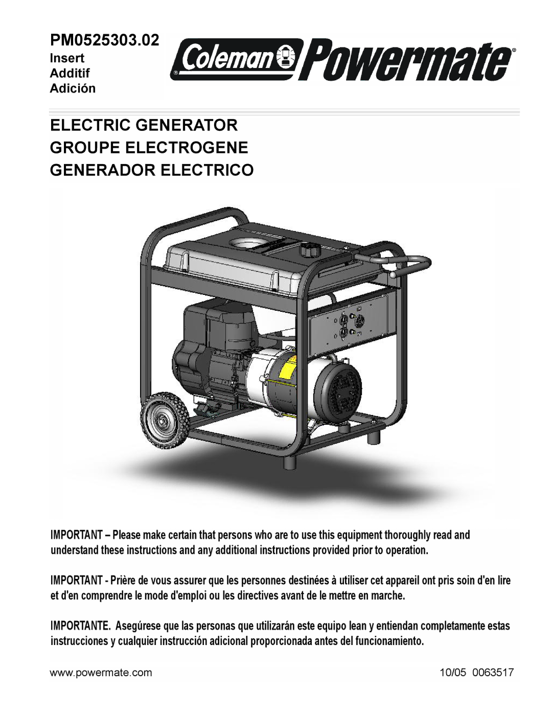 Powermate PM0525303.02 manual Electric Generator Groupe Electrogene Generador Electrico 