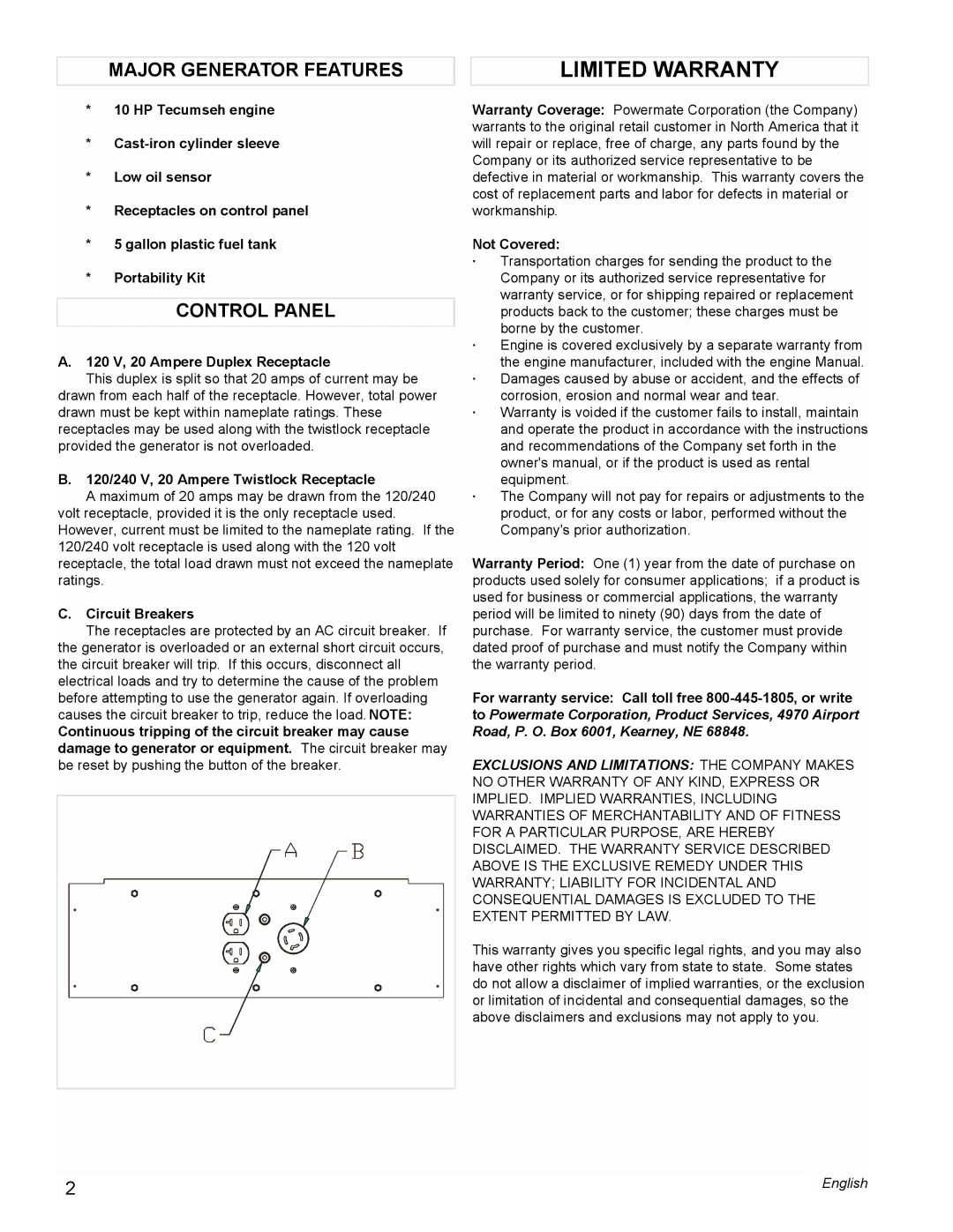 Powermate PM0525303.02 manual Limited Warranty, Major Generator Features, Control Panel 