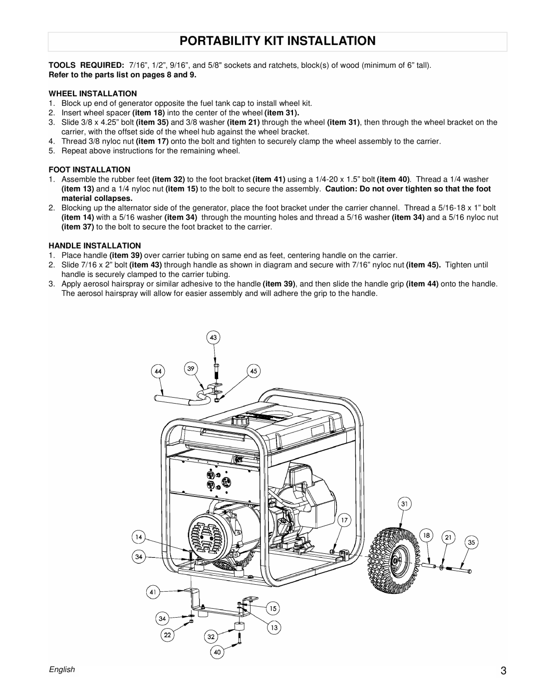 Powermate PM0525303.03 Portability Kit Installation, Refer to the parts list on pages 8 and, Wheel Installation, English 