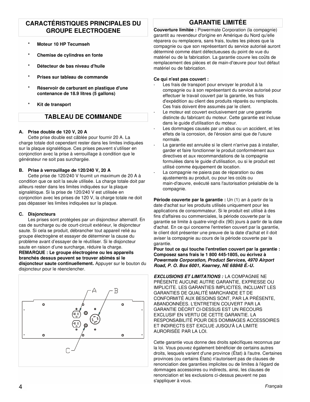 Powermate PM0525303.03 manual Caractéristiques Principales Du, Groupe Electrogene, Tableau De Commande, Garantie Limitée 