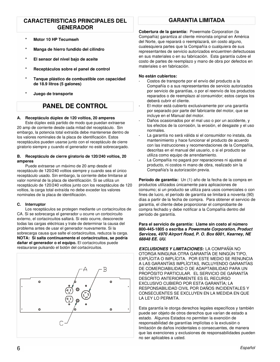 Powermate PM0525303.03 manual Panel De Control, Caracteristicas Principales Del Generador, Garantia Limitada 