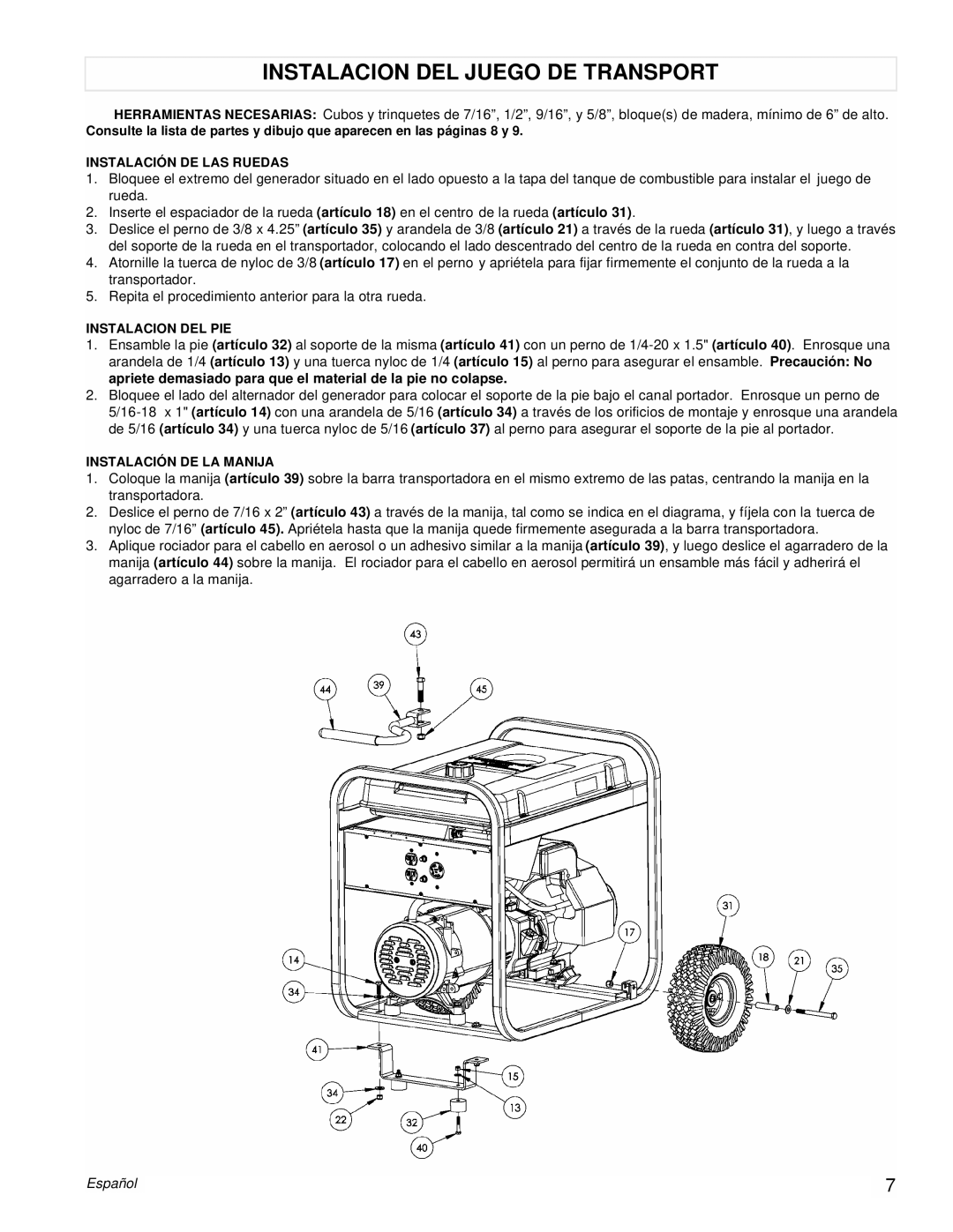 Powermate PM0525303.03 manual Instalacion Del Juego De Transport, Español 