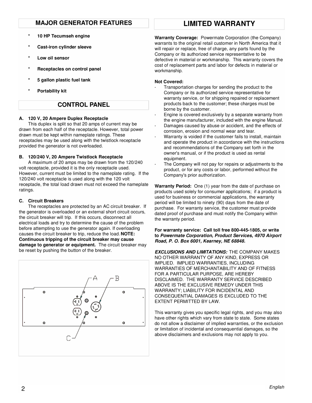 Powermate PM0525303.03 manual Limited Warranty, Major Generator Features, Control Panel 