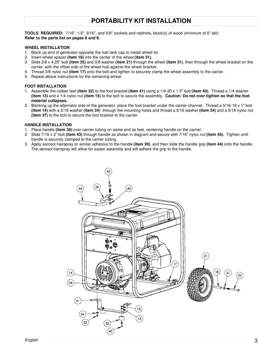 Powermate PM0525303.03 manual Portability KIT Installation, Refer to the parts list on pages 8 