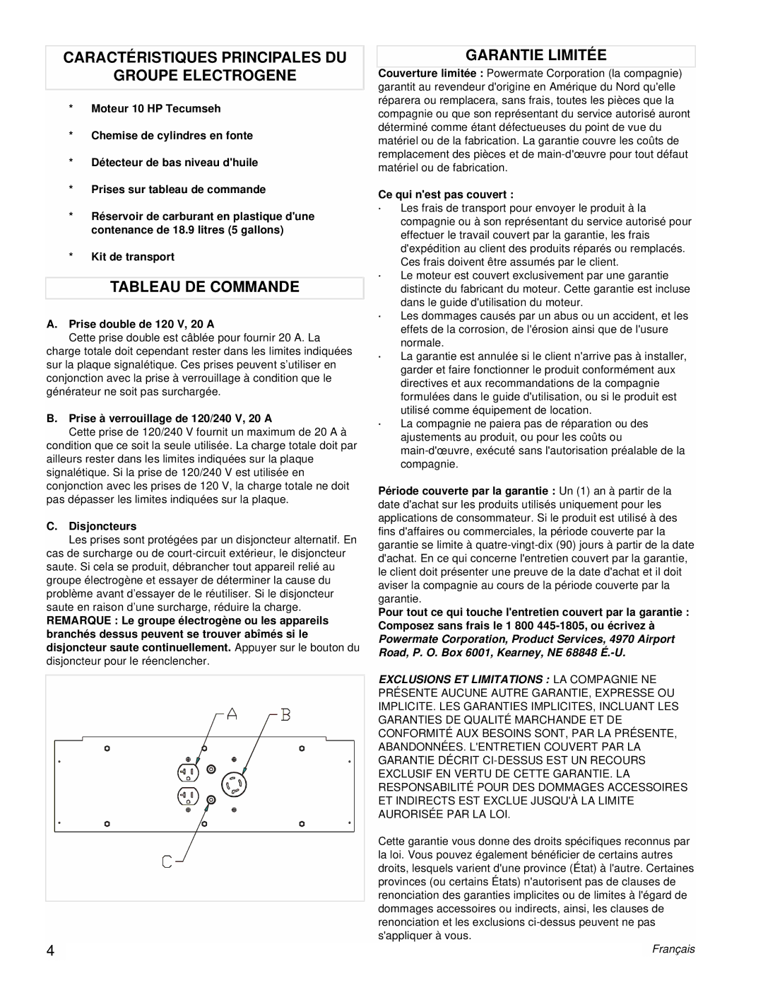 Powermate PM0525303.03 manual Caractéristiques Principales DU Groupe Electrogene, Tableau DE Commande, Garantie Limitée 