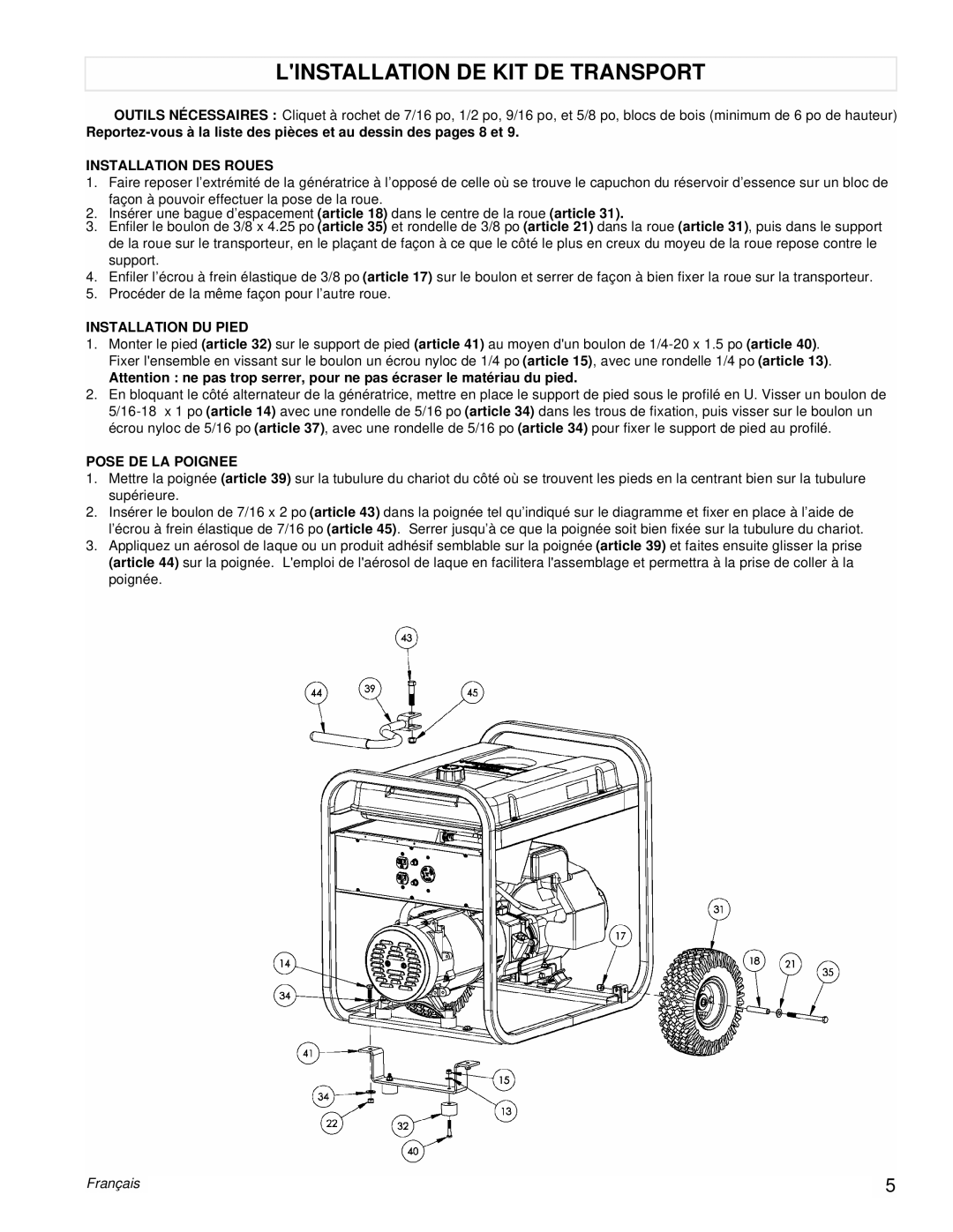 Powermate PM0525303.03 manual Linstallation DE KIT DE Transport, Installation DES Roues 