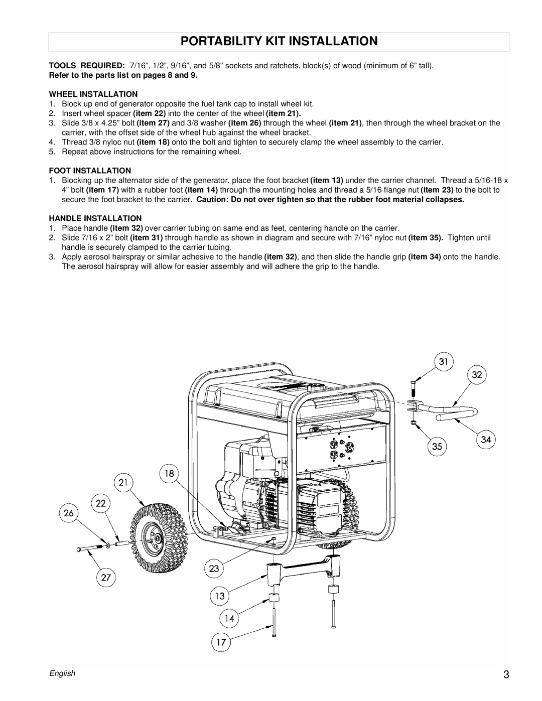 Powermate PM0525303s Portability Kit Installation, Refer to the parts list on pages 8 and, Wheel Installation, English 