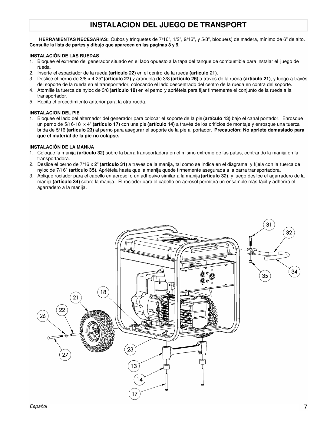 Powermate PM0525303s manual Instalacion Del Juego De Transport, Español 