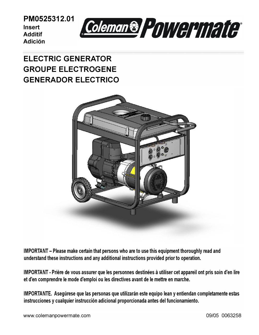 Powermate PM0525312.01 manual Electric Generator Groupe Electrogene, Generador Electrico, Insert Additif Adición, 09/05 