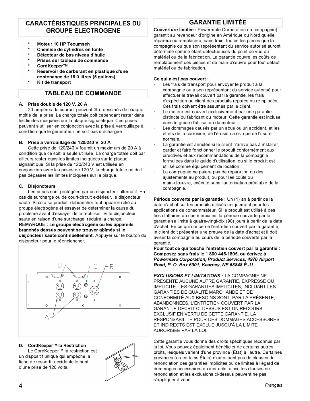 Powermate PM0525312.01 manual Caractéristiques Principales Du, Groupe Electrogene, Tableau De Commande, Garantie Limitée 