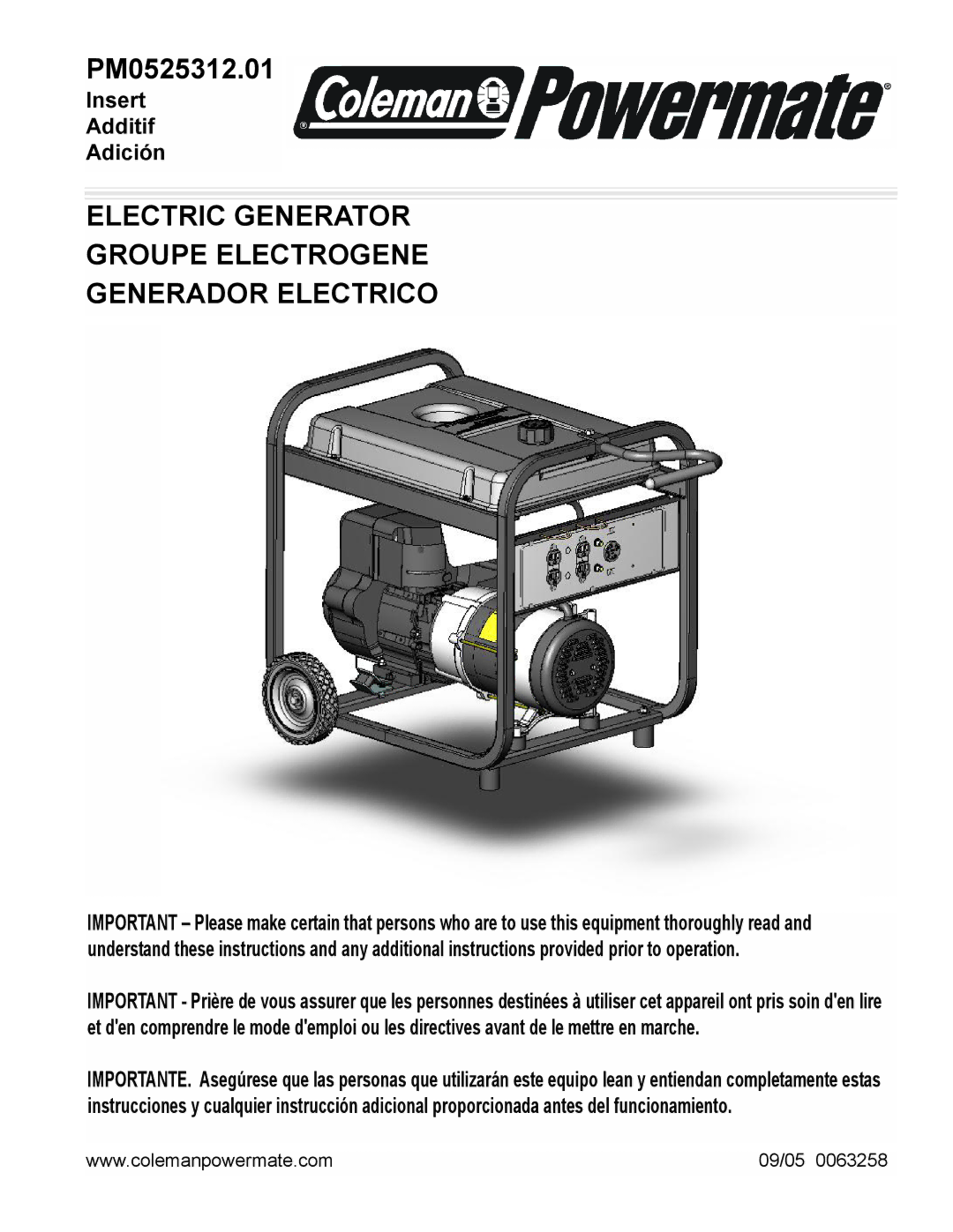 Powermate PM0525312.01 manual Electric Generator Groupe Electrogene Generador Electrico 