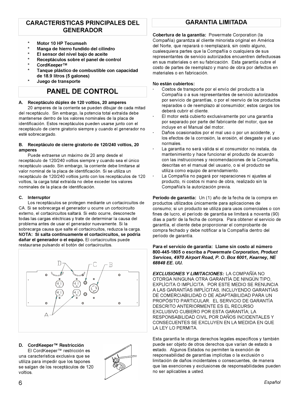 Powermate PM0525312.01 manual Panel DE Control, Caracteristicas Principales DEL Generador, Garantia Limitada, Interruptor 