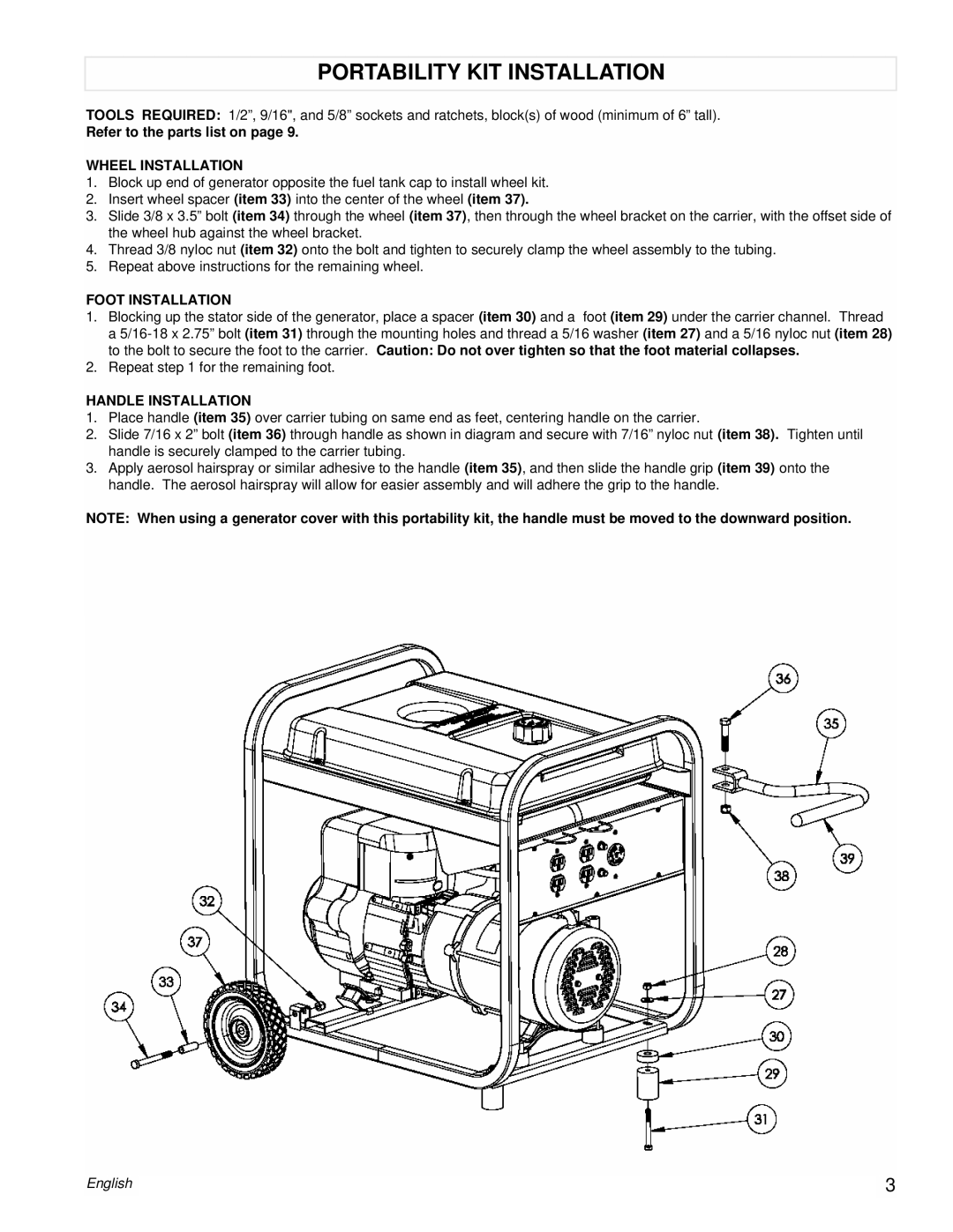 Powermate PM0525312.02 manual Portability Kit Installation, Refer to the parts list on page, Wheel Installation, English 
