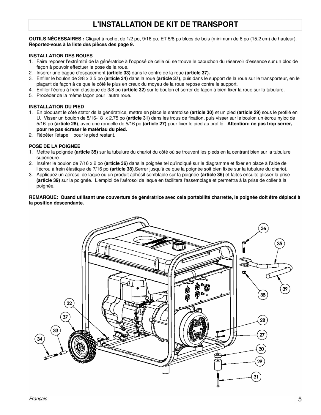 Powermate PM0525312.02 Linstallation De Kit De Transport, Reportez-vousà la liste des pièces des page, Pose De La Poignee 