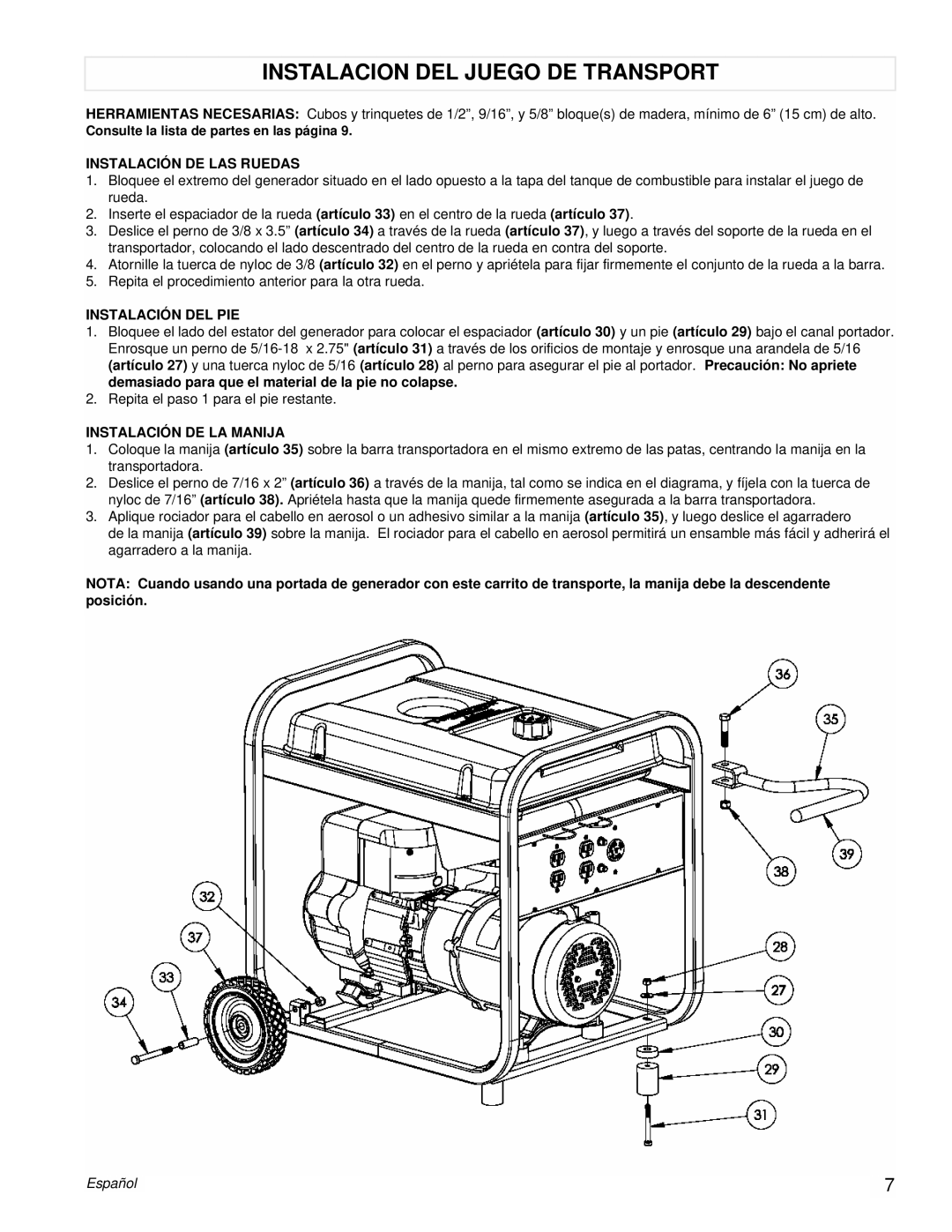 Powermate PM0525312.02 manual Instalacion Del Juego De Transport, Instalación De Las Ruedas, Instalación Del Pie, Español 