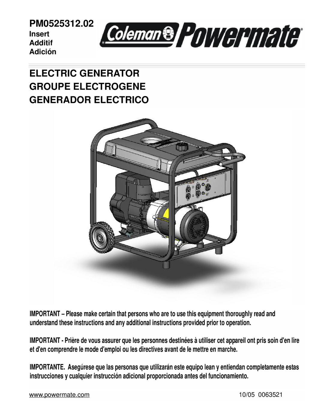 Powermate PM0525312.02 manual Electric Generator Groupe Electrogene Generador Electrico 