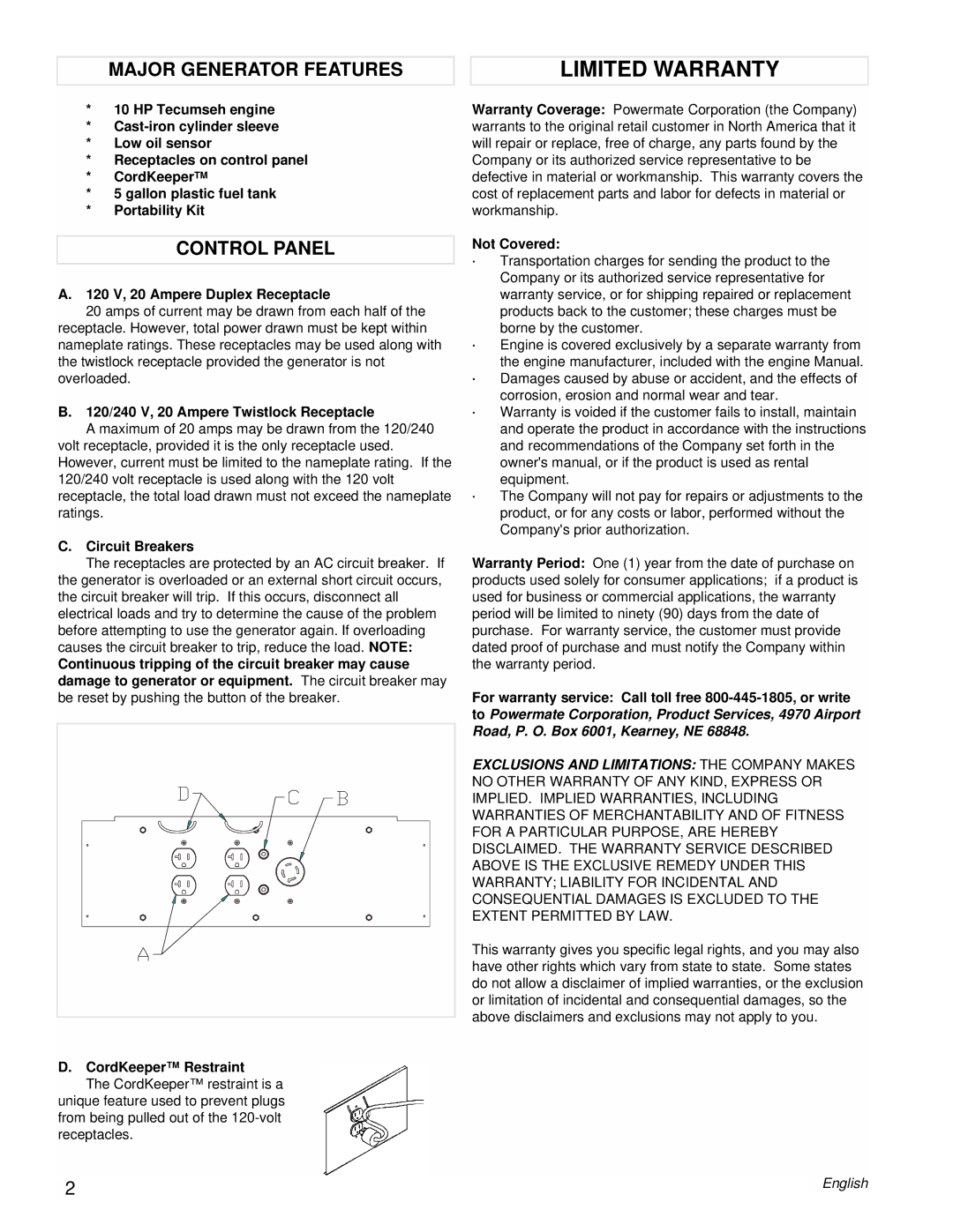Powermate PM0525312.02 manual Limited Warranty, Major Generator Features, Control Panel 