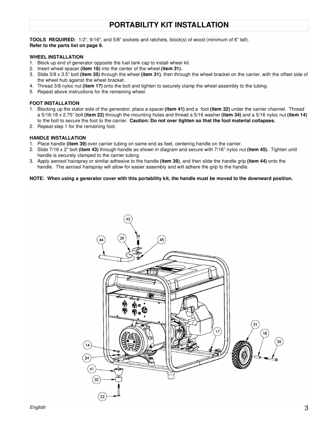 Powermate PM0525312.03 manual Portability Kit Installation, Refer to the parts list on page, Wheel Installation, English 