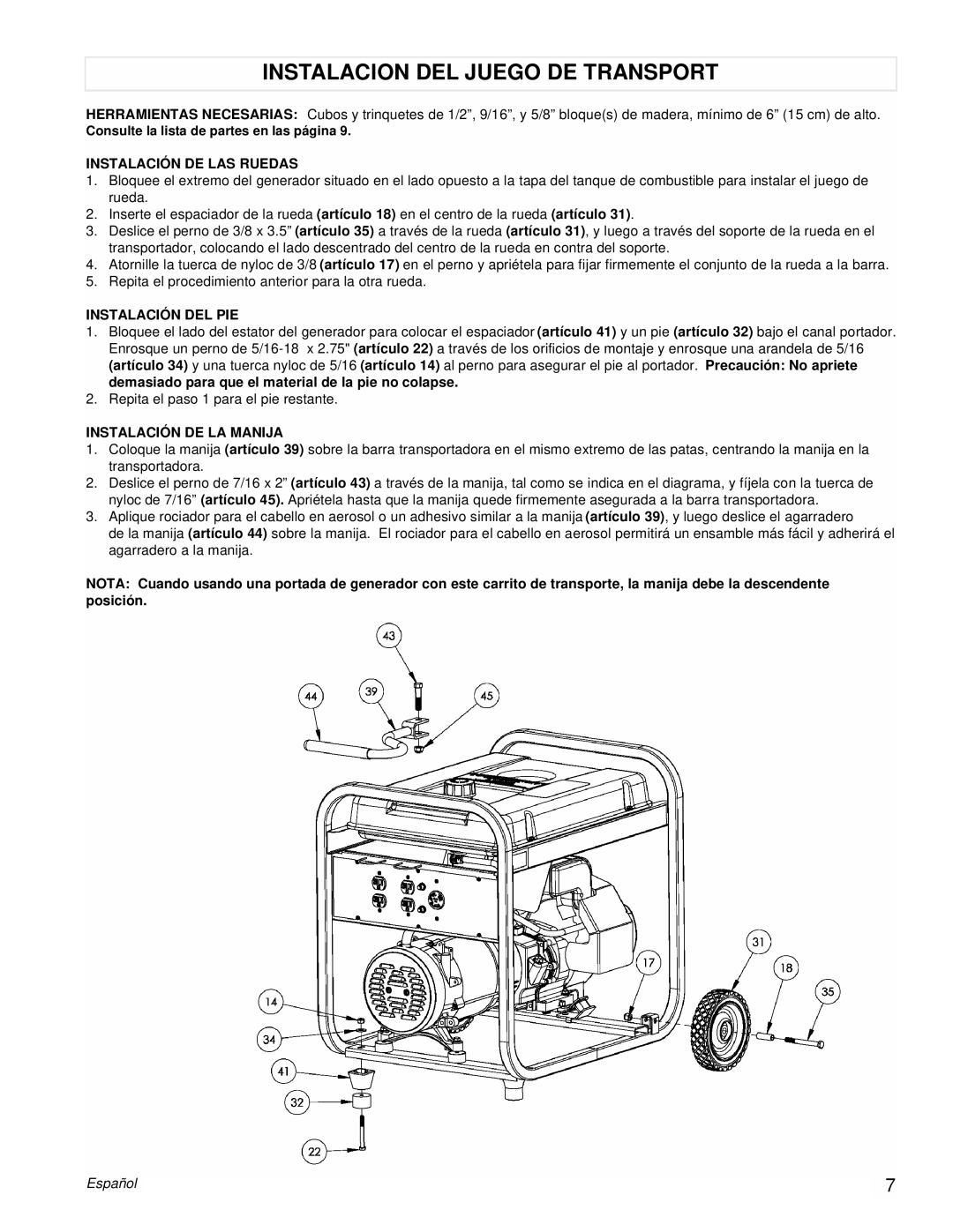 Powermate PM0525312.03 manual Instalacion Del Juego De Transport, Instalación De Las Ruedas, Instalación Del Pie, Español 