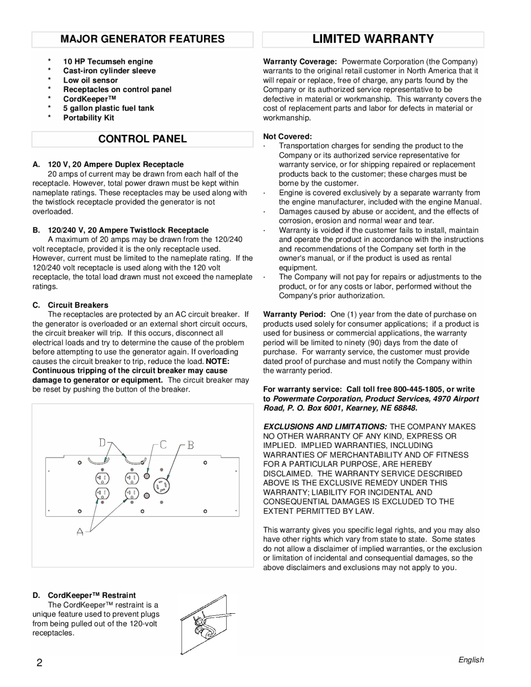 Powermate PM0525312.03 manual Limited Warranty, Major Generator Features, Control Panel 