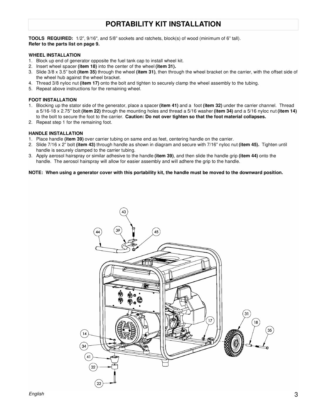 Powermate PM0525312.03 Portability KIT Installation, Refer to the parts list on, Wheel Installation, Foot Installation 