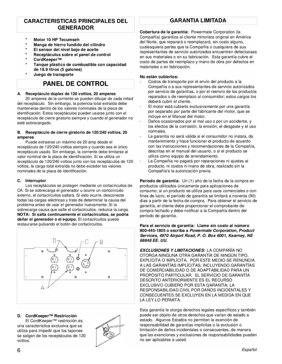 Powermate PM0525312.03 manual Panel DE Control, Caracteristicas Principales DEL Generador, Garantia Limitada, Interruptor 